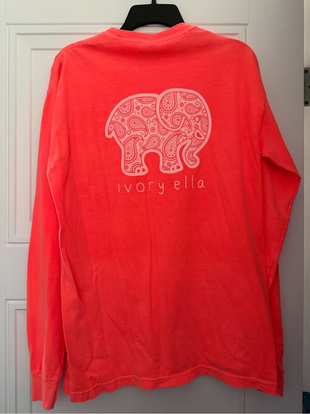 Comfort Colors Coral Long-Sleeve Tee with White Paisley Elephant